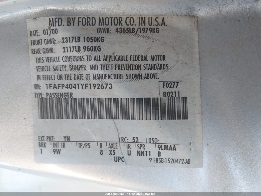 2000 Ford Mustang VIN: 1FAFP4041YF192673 Lot: 43690163