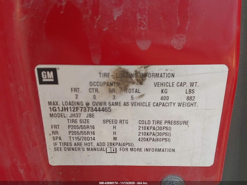 2003 Chevrolet Cavalier Ls Sport VIN: 1G1JH12F737344465 Lot: 43690174