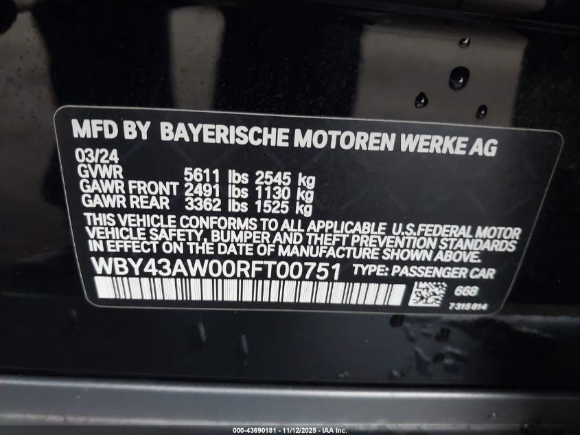 2024 BMW I4 Gran Coupe Edrive35 VIN: WBY43AW00RFT00751 Lot: 43690181