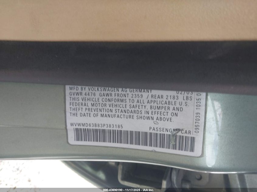 2003 Volkswagen Passat Gl VIN: WVWMD63B83P383185 Lot: 43690190