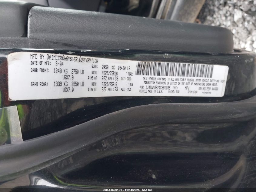 2004 Jeep Grand Cherokee Laredo VIN: 1J4GW48S24C381035 Lot: 43690191