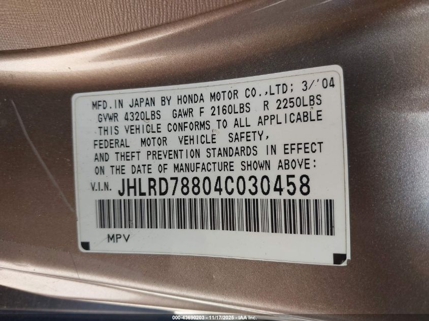 2004 Honda Cr-V Ex VIN: JHLRD78804C030458 Lot: 43690203