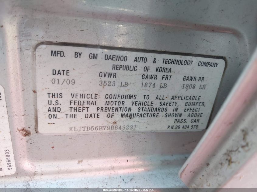 2009 Chevrolet Aveo Lt VIN: KL1TD56E79B643231 Lot: 43690206