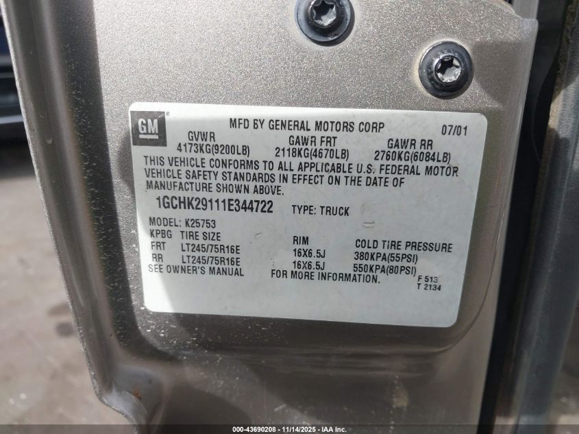 2001 Chevrolet Silverado 2500Hd Lt VIN: 1GCHK29111E344722 Lot: 43690208