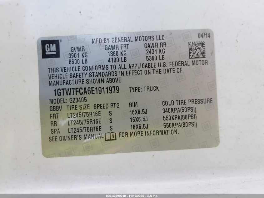 2014 GMC Savana 2500 Work Van VIN: 1GTW7FCA6E1911979 Lot: 43690210