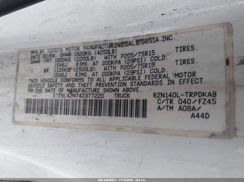5TENL42N74Z377220 2004 TOYOTA TACOMA photo no. 9