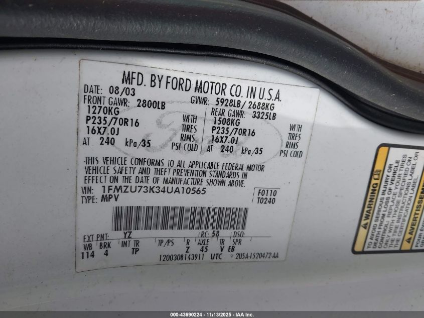 2004 Ford Explorer Nbx/Xlt VIN: 1FMZU73K34UA10565 Lot: 43690224