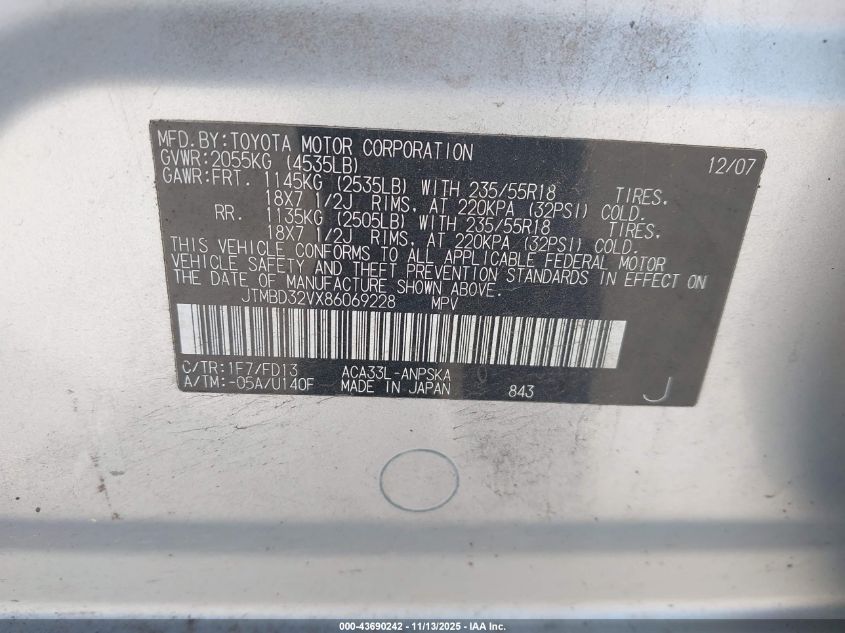 2008 Toyota Rav4 Sport VIN: JTMBD32VX86069228 Lot: 43690242