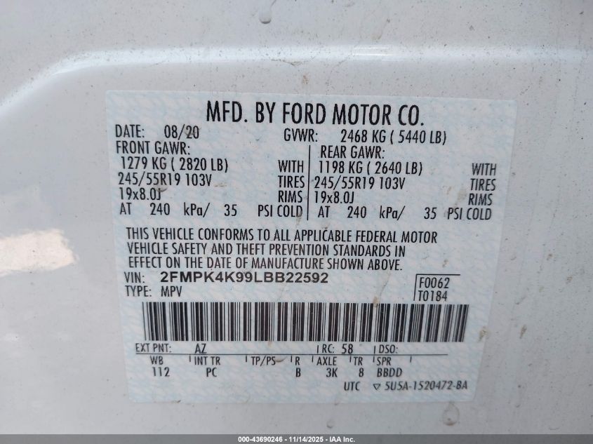 2020 Ford Edge Titanium VIN: 2FMPK4K99LBB22592 Lot: 43690246