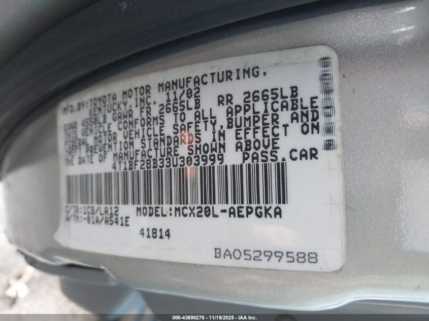 2003 Toyota Avalon Xls VIN: 4T1BF28B33U303999 Lot: 43690276