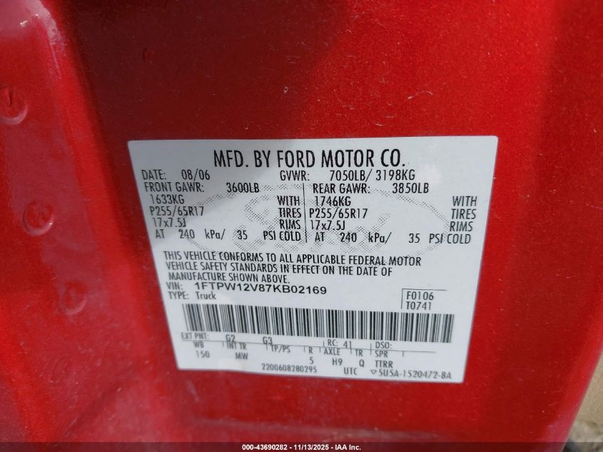 2007 Ford F-150 Lariat/Xlt VIN: 1FTPW12V87KB02169 Lot: 43690282