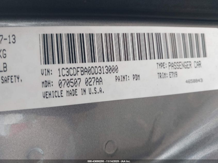 2013 Dodge Dart Sxt VIN: 1C3CDFBA0DD313000 Lot: 43690295