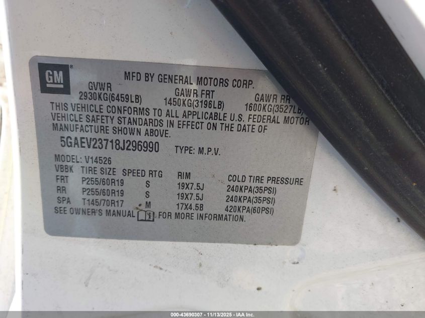 2008 Buick Enclave Cxl VIN: 5GAEV23718J296990 Lot: 43690307