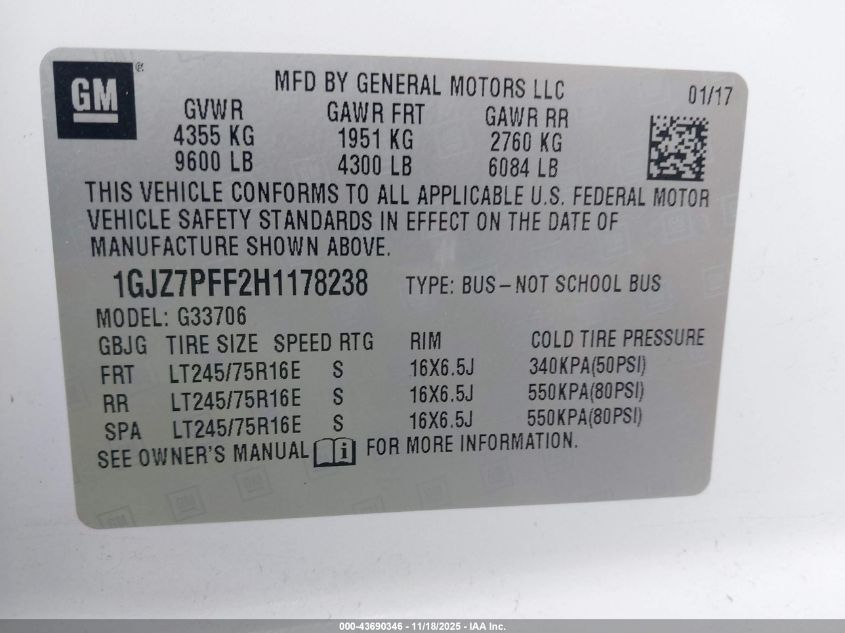 2017 GMC Savana 3500 Lt VIN: 1GJZ7PFF2H1178238 Lot: 43690346