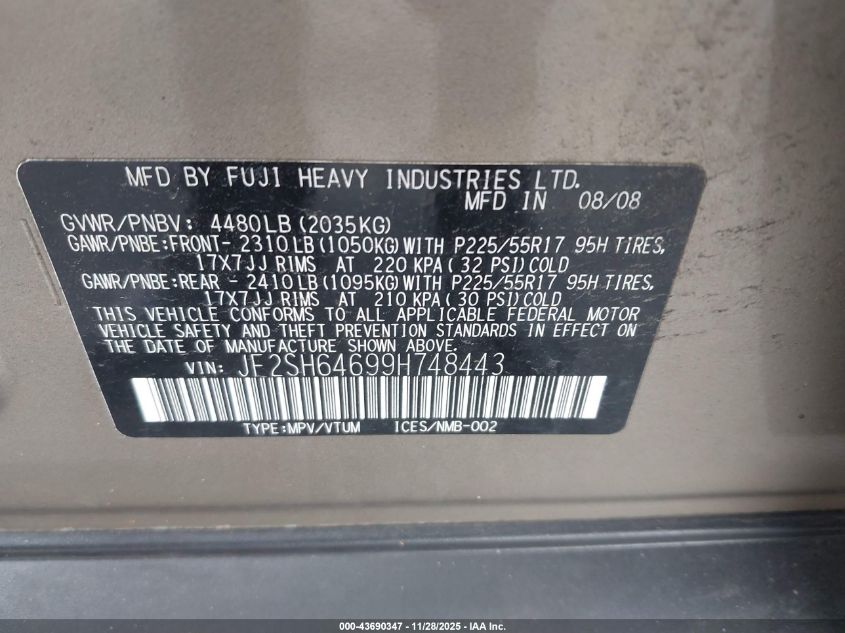 2009 Subaru Forester 2.5X Limited VIN: JF2SH64699H748443 Lot: 43690347