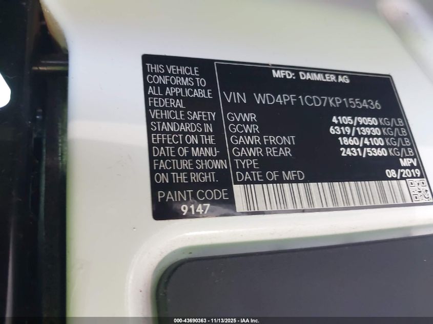 2019 Mercedes-Benz Sprinter 2500 High Roof V6 VIN: WD4PF1CD7KP155436 Lot: 43690363