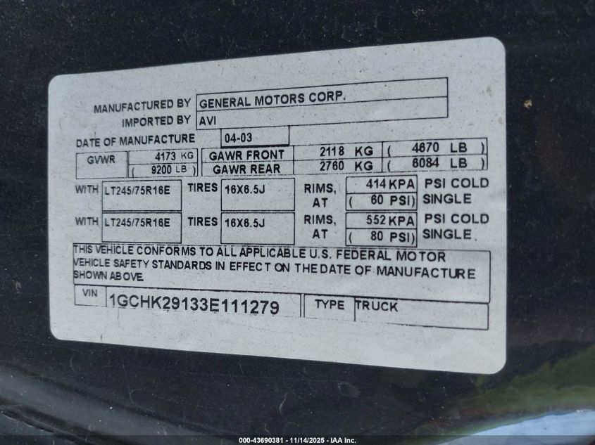2003 Chevrolet Silverado 2500Hd Ls/Lt VIN: 1GCHK29133E111279 Lot: 43690381