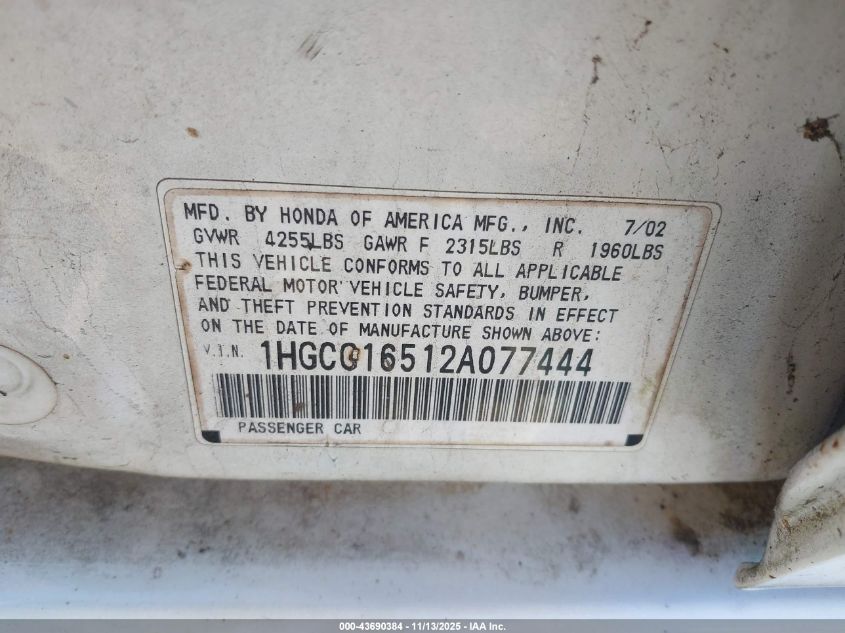 2002 Honda Accord 3.0 Ex VIN: 1HGCG16512A077444 Lot: 43690384