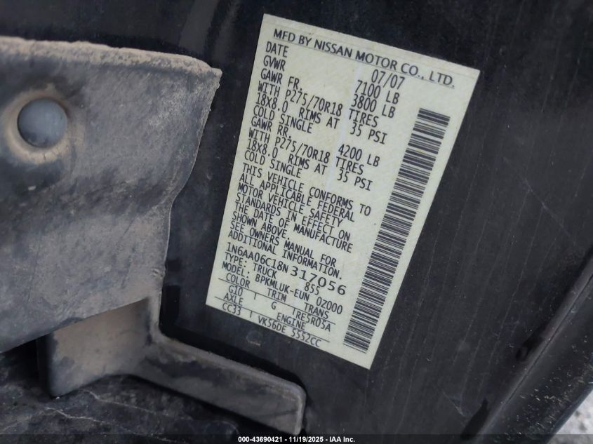 2008 Nissan Titan Pro-4X VIN: 1N6AA06C18N317056 Lot: 43690421