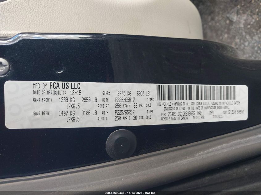 2016 Chrysler Town & Country Touring-L VIN: 2C4RC1CG1GR232605 Lot: 43690436