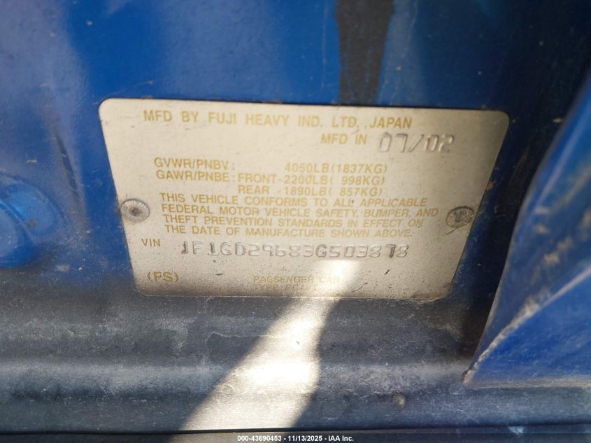 2003 Subaru Impreza Wrx VIN: JF1GD29683G503878 Lot: 43690453