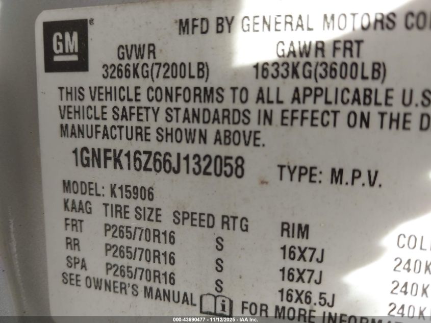 2006 Chevrolet Suburban 1500 Ls VIN: 1GNFK16Z66J132058 Lot: 43690477