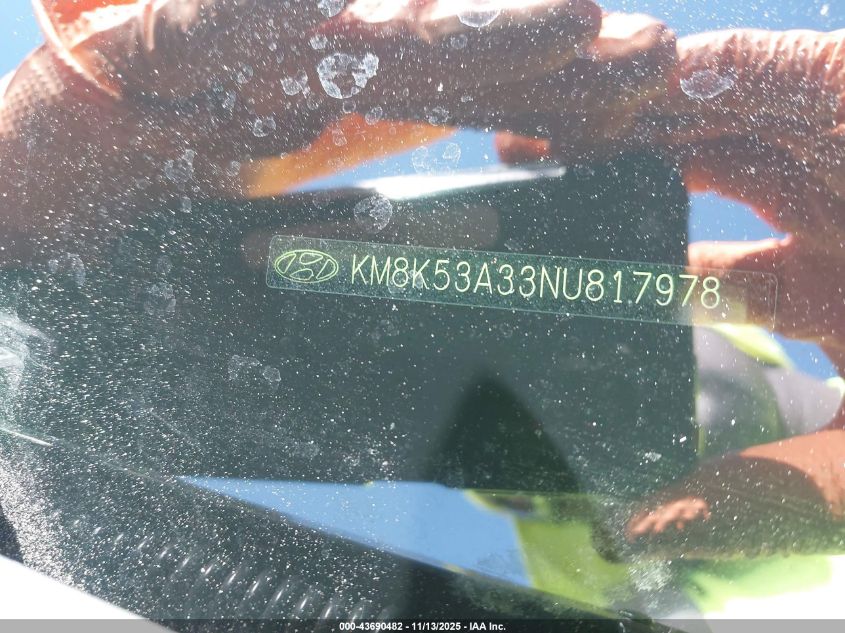 2022 Hyundai Kona Limited VIN: KM8K53A33NU817978 Lot: 43690482