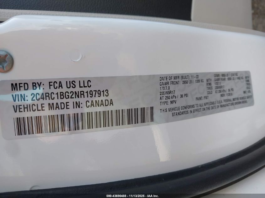 2022 Chrysler Pacifica Touring L VIN: 2C4RC1BG2NR197913 Lot: 43690488