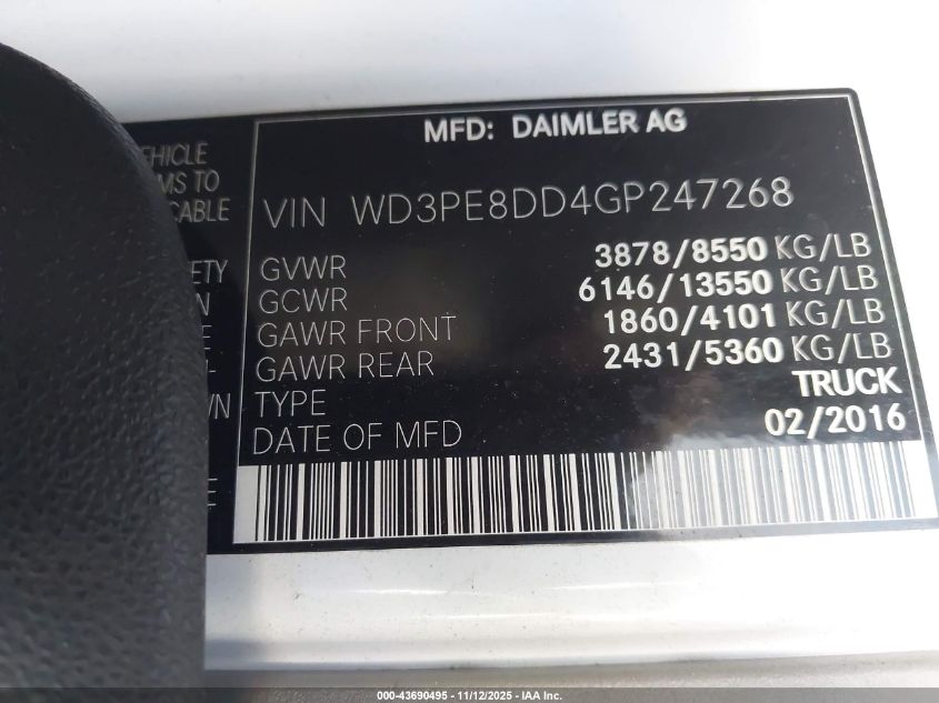 2016 Mercedes-Benz Sprinter 2500 High Roof VIN: WD3PE8DD4GP247268 Lot: 43690495
