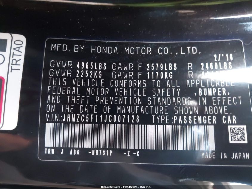 2018 Honda Clarity Plug-In Hybrid VIN: JHMZC5F11JC007128 Lot: 43690499