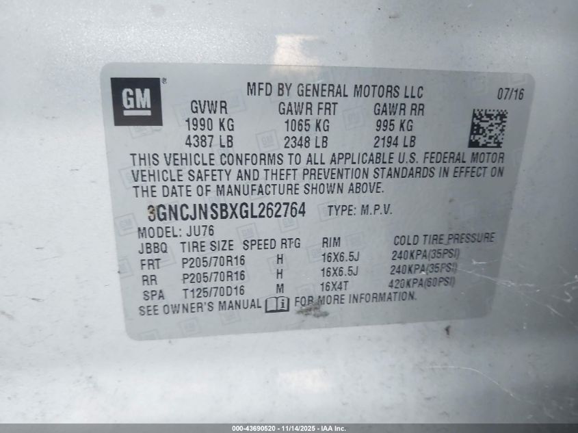 2016 Chevrolet Trax 1Ls VIN: 3GNCJNSBXGL262764 Lot: 43690520