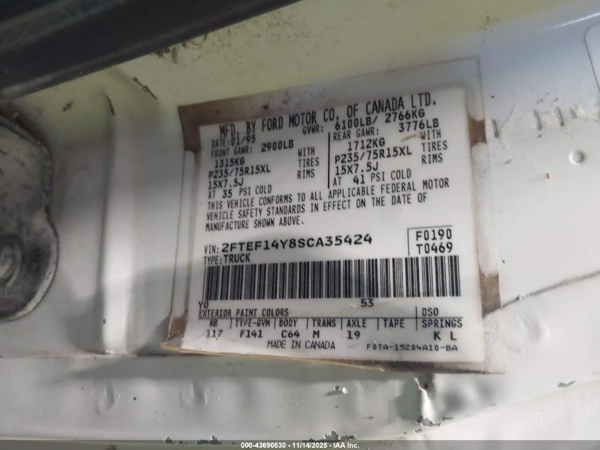 1995 Ford F150 VIN: 2FTEF14Y8SCA35424 Lot: 43690530