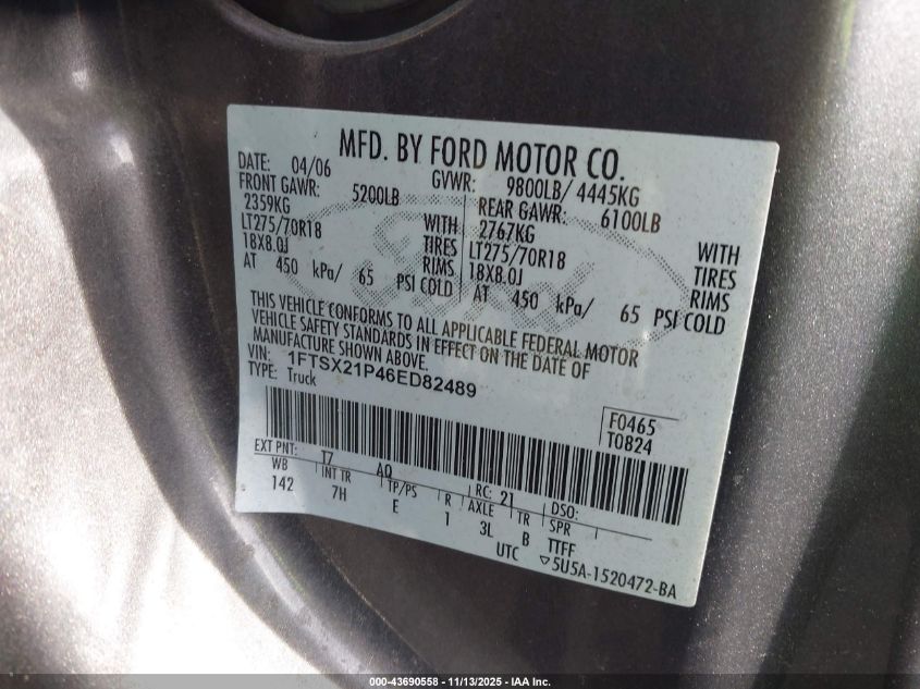 2006 Ford F-250 Lariat/Xl/Xlt VIN: 1FTSX21P46ED82489 Lot: 43690558