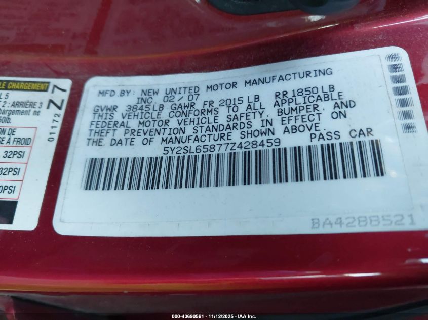 2007 Pontiac Vibe VIN: 5Y2SL65877Z428459 Lot: 43690561