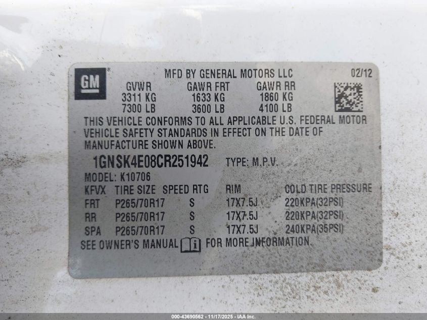 2012 Chevrolet Tahoe Commercial Fleet VIN: 1GNSK4E08CR251942 Lot: 43690562