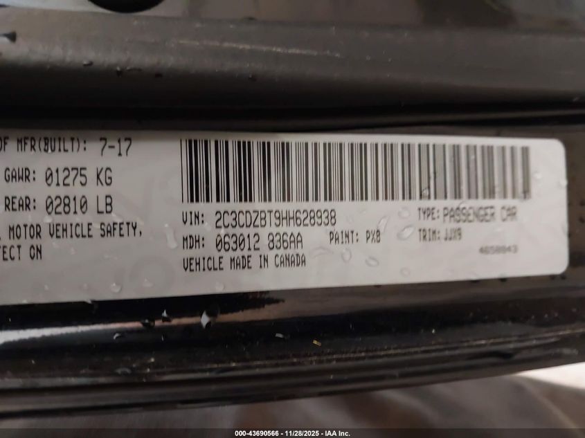 2017 Dodge Challenger T/A Plus VIN: 2C3CDZBT9HH628938 Lot: 43690566