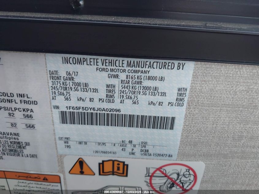 2018 Ford F53 VIN: 1F65F5DY6J0A02096 Lot: 43690567