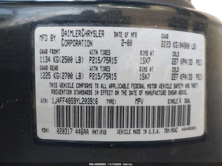2000 Jeep Cherokee Sport VIN: 1J4FF48S9YL203916 Lot: 43690585