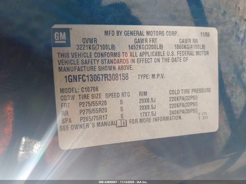 2007 Chevrolet Tahoe Ltz VIN: 1GNFC13067R308158 Lot: 43690587