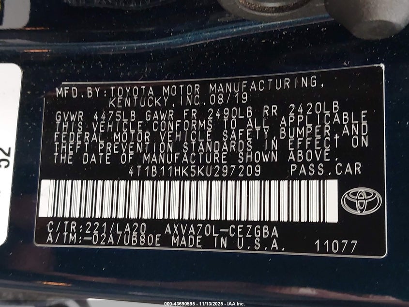 4T1B11HK5KU297209 2019 TOYOTA CAMRY photo no. 9