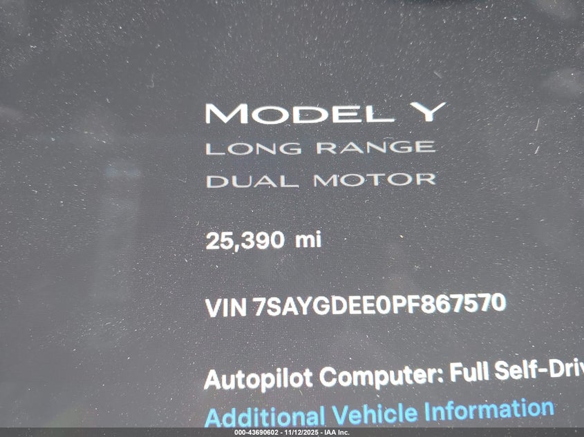 2023 Tesla Model Y Awd/Long Range Dual Motor All-Wheel Drive VIN: 7SAYGDEE0PF867570 Lot: 43690602