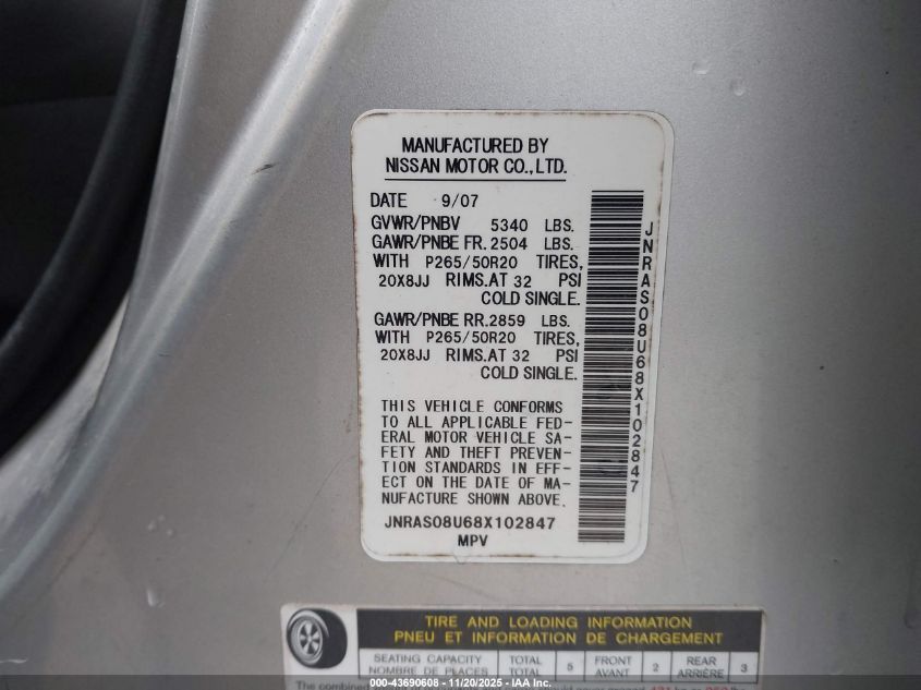 2008 Infiniti Fx35 VIN: JNRAS08U68X102847 Lot: 43690608