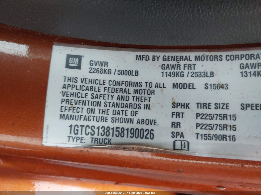 2005 GMC Canyon Sle VIN: 1GTCS138158190026 Lot: 43690612