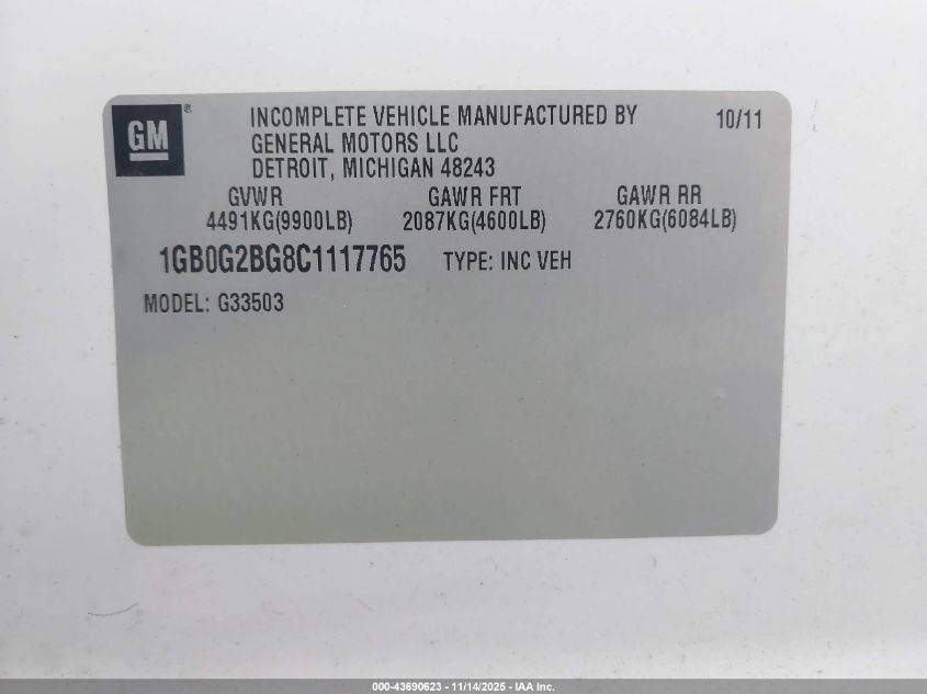 2012 Chevrolet Express Cutaway Work Van VIN: 1GB0G2BG8C1117765 Lot: 43690623