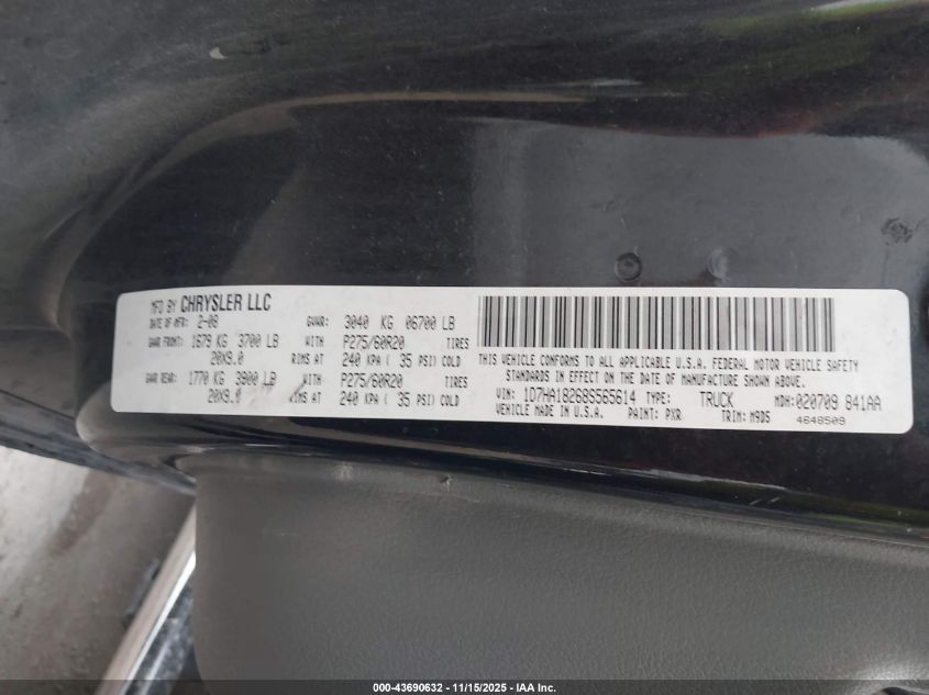 2008 Dodge Ram 1500 Slt VIN: 1D7HA18268S565614 Lot: 43690632