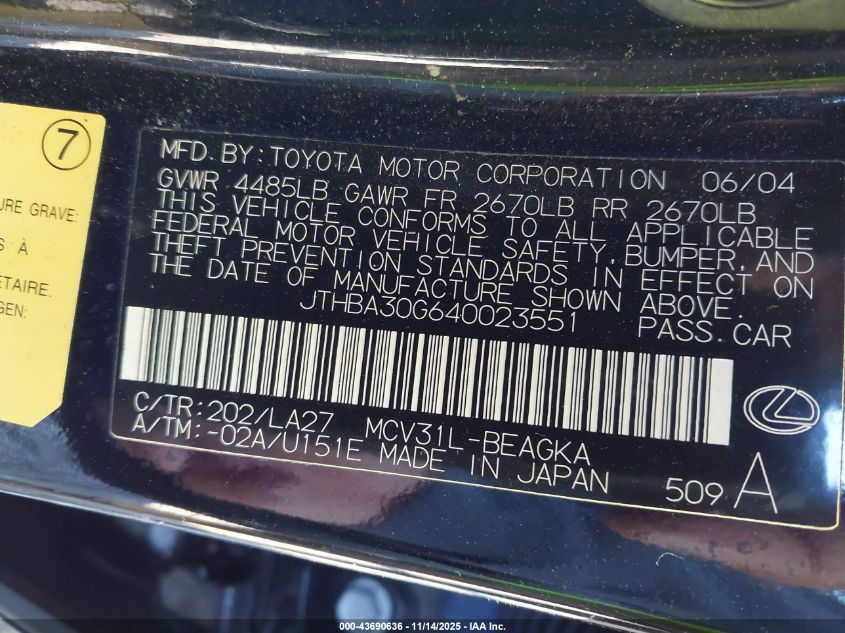 2004 Lexus Es 330 VIN: JTHBA30G640023551 Lot: 43690636