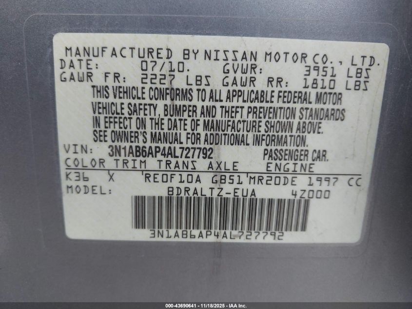 2010 Nissan Sentra 2.0S VIN: 3N1AB6AP4AL727792 Lot: 43690641