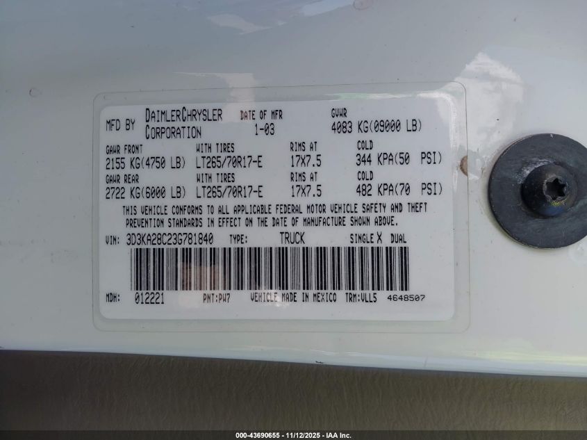 2003 Dodge Ram 2500 Slt/Laramie/St VIN: 3D3KA28C23G781840 Lot: 43690655