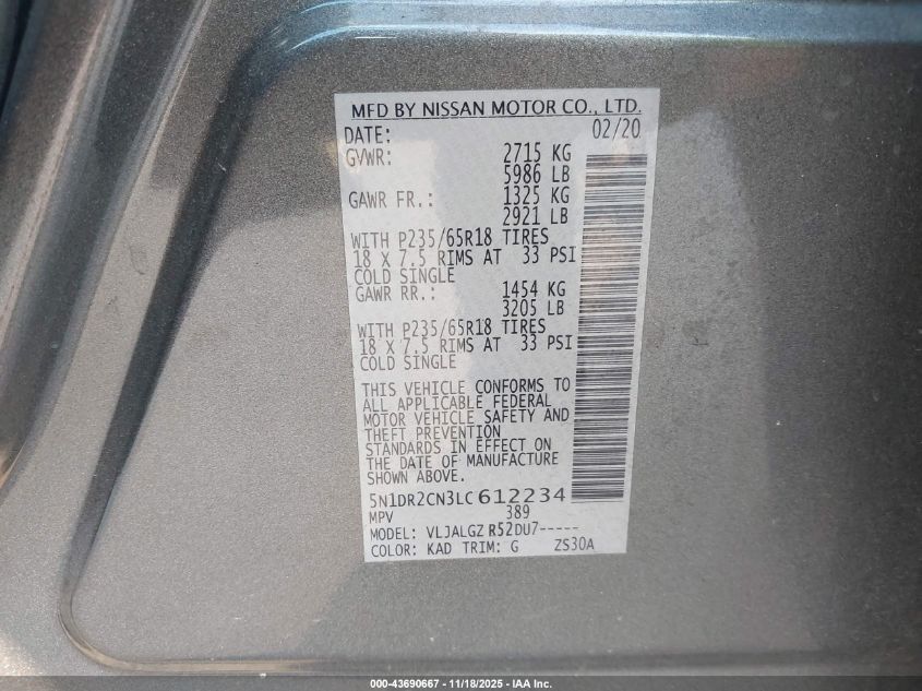 2020 Nissan Pathfinder Sl 2Wd VIN: 5N1DR2CN3LC612234 Lot: 43690667