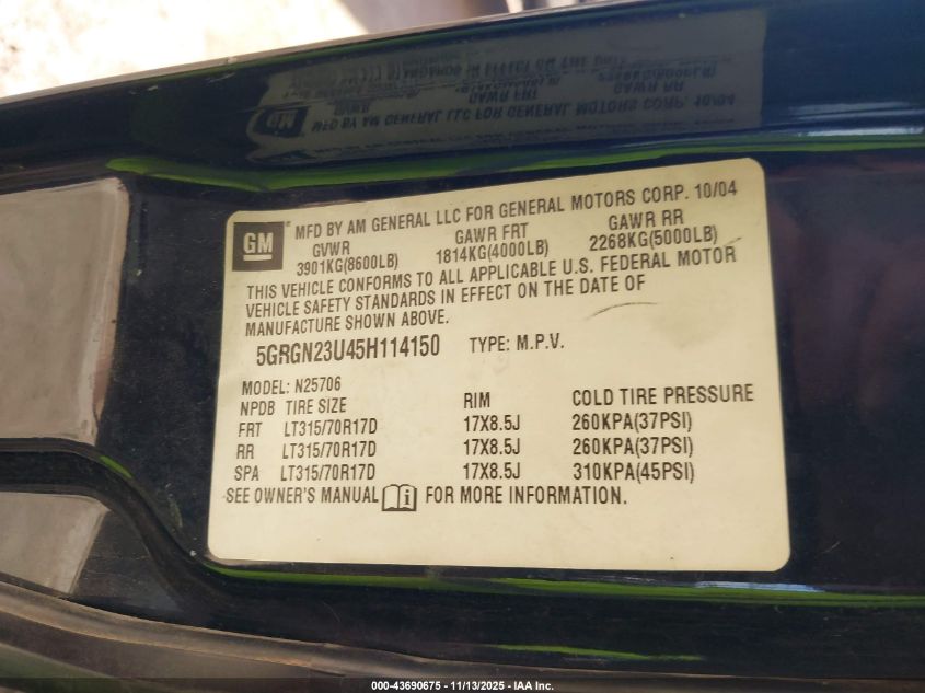 2005 Hummer H2 Suv VIN: 5GRGN23U45H114150 Lot: 43690675